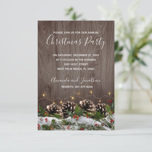 Rustikales Holz Land Pines Lichter Schnee Weihnach Einladung (Stehend Vorderseite)