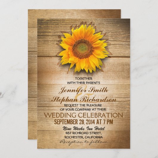 rustikales Holz Land Sonnenblumen Einladungen (Vorne/Hinten)