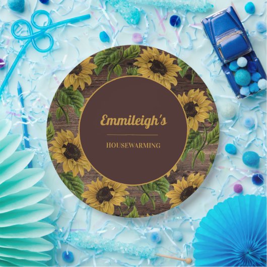 Rustikales Holz Land Sonnenblumen Häuserwärmung Pappteller (Party)