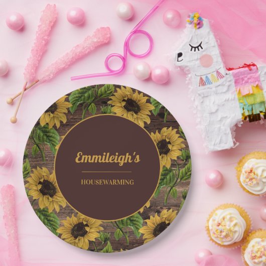 Rustikales Holz Land Sonnenblumen Häuserwärmung Pappteller (Party)