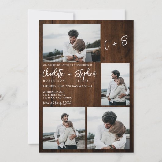 Rustikales Holz lässige Initialen 5 Fotos Hochzeit Einladung (Vorderseite)