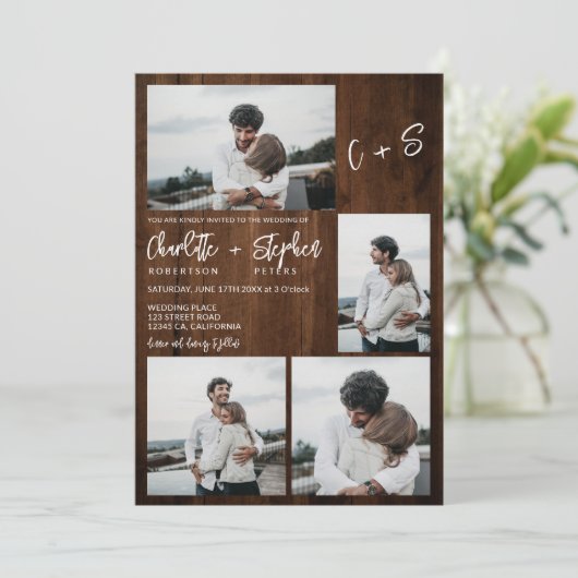Rustikales Holz lässige Initialen 5 Fotos Hochzeit Einladung (Stehend Vorderseite)