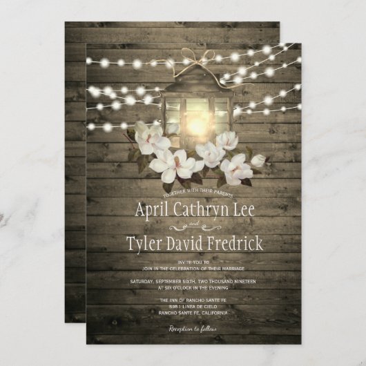 Rustikales Holz Laternenleuchten Magnolia Hochzeit Einladung (Vorne/Hinten)