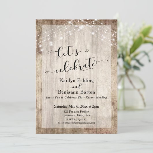 Rustikales Holz & Licht Feiern wir Empfang Einladung (Stehend Vorderseite)