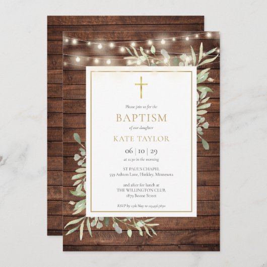 Rustikales Holz Licht Grüne Taufe Christening Einladung (Vorne/Hinten)