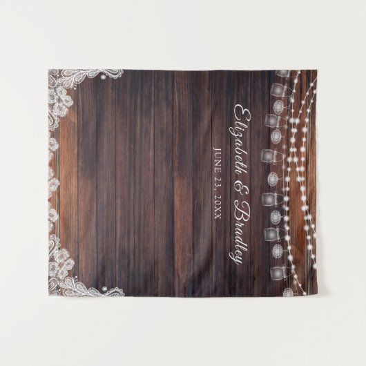 Rustikales Holz Licht Mason Jar Hochzeitskulisse H Wandteppich (Vorderseite (Horizontal))