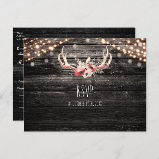 Rustikales Holz & Lights Blumenantler Boho UAWG Einladungspostkarte (Vorne/Hinten)