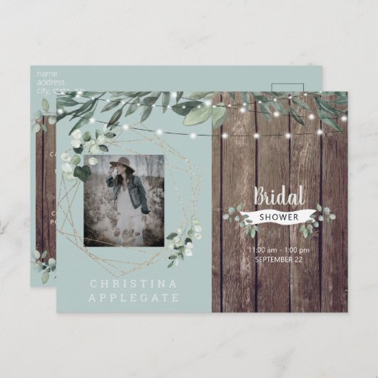 Rustikales Holz & Lights Brautparty Einladungspostkarte (Vorne/Hinten)