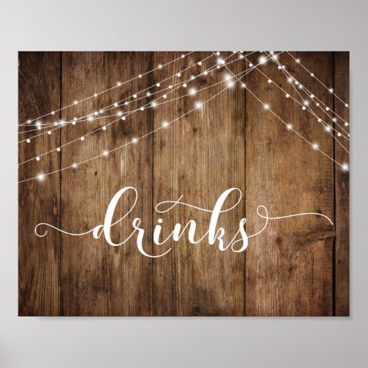 Rustikales Holz & Lights Drinks Empfang Zeichen Poster (Vorne)