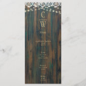 Rustikales Holz Lights Gold Text Hochzeit Menükarte (Vorderseite)