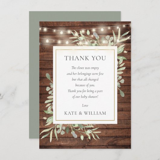 Rustikales Holz Lights Grüne Babyduschgedicht Dankeskarte (Vorne/Hinten)