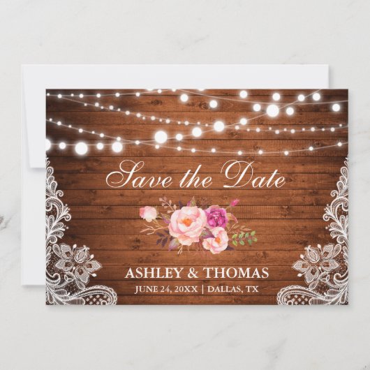 Rustikales Holz Lights Pink Floral Save the Date (Vorderseite)