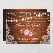 Rustikales Holz Lights Pink Floral Save the Date (Vorne/Hinten)