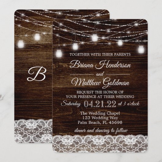 Rustikales Holz Lights Wedding Einladung (Vorne/Hinten)