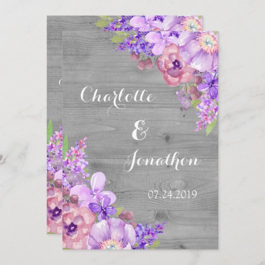 Rustikales Holz Lila Blumen Hochzeit Einladungen (Vorne/Hinten)