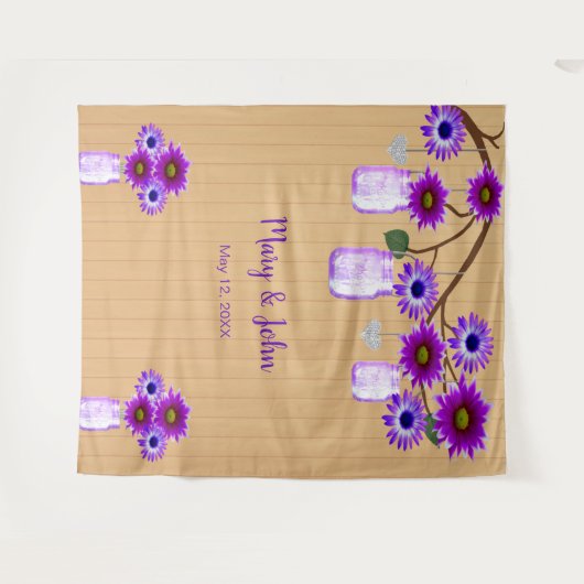 Rustikales Holz Lila Blumenmason Jar Foto Hintergr Wandteppich (Vorderseite (Horizontal))
