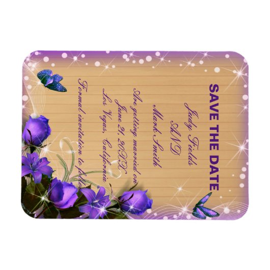 Rustikales Holz Lila Blütenhochzeit rettet das Dat Magnet (Horizontal)