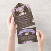 Rustikales Holz Lila Teddy Bärendusche All In One Einladung (Abreißen)