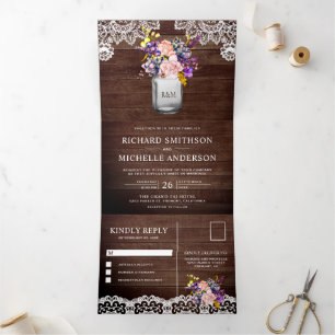 Rustikales Holz Lilac Pink Rose Mason Jar Lace Wed Dreifach Gefaltete Einladung
