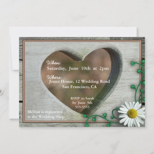 Rustikales Holz-Look Herz & Dissy Brautparty Einladung (Rückseite)