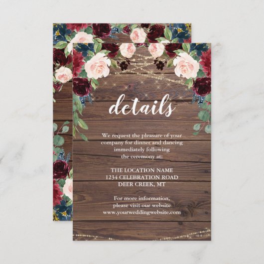 Rustikales Holz Marsala Hochzeitsempfang Details Einladung (Vorne/Hinten)