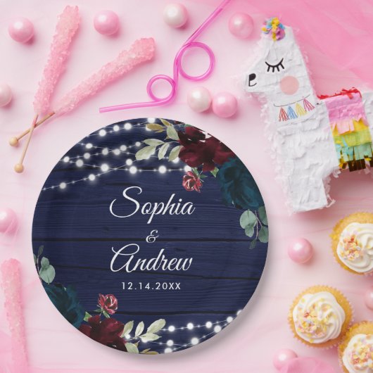 Rustikales Holz Marsala & Navy Blauer Blumen Pappteller (Party)