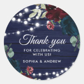 Rustikales Holz Marsala & Navy Blauer Blumen Runder Aufkleber (Vorderseite)