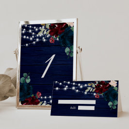 Rustikales Holz Marsala & Navy Blauer Blumen Tischnummer