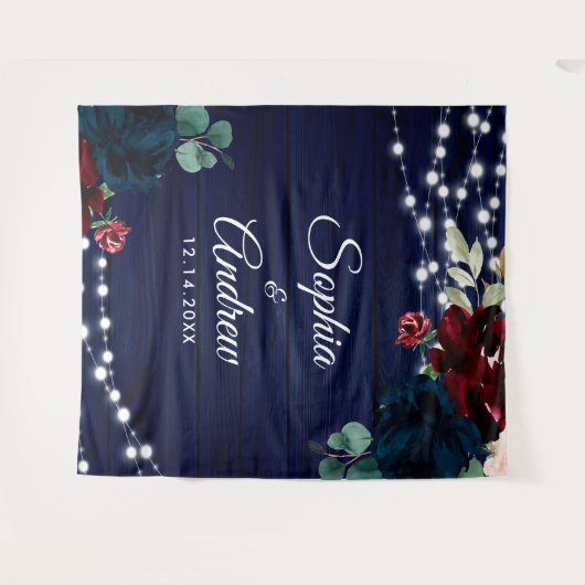 Rustikales Holz Marsala & Navy Blauer Blumen Wandteppich (Vorderseite (Horizontal))