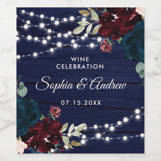 Rustikales Holz Marsala & Navy Blauer Blumen Weinetikett (Einzelnes Label)