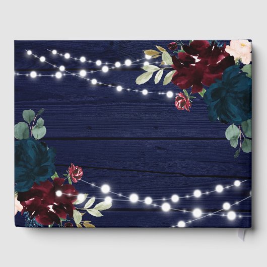 Rustikales Holz Marsala & Navy Blumen Hochzeit Gästebuch (Rückseite)