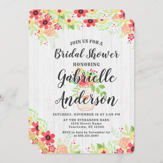 Rustikales Holz & Mason Jar Bridal Dusche Einladun Einladung (Vorne/Hinten)