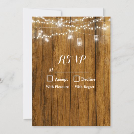 Rustikales Holz Mason Jar Hanging Lights RSVP Card Einladung (Vorderseite)