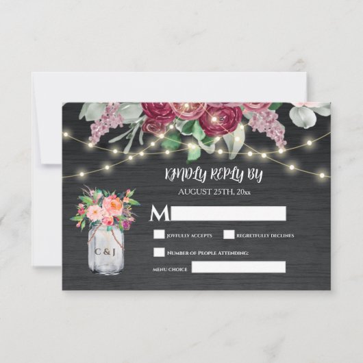 Rustikales Holz Mason Jar Lights Burgund RSVP Karte (Vorderseite)