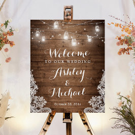 Rustikales Holz Mason Jar Lights Lace Wedding Sign Poster