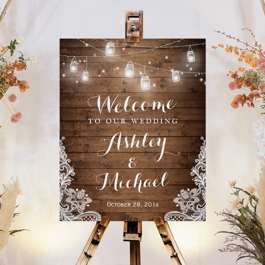 Rustikales Holz Mason Jar Lights Lace Wedding Sign Poster