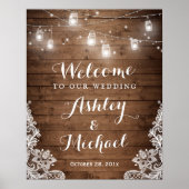 Rustikales Holz Mason Jar Lights Lace Wedding Sign Poster (Vorne)