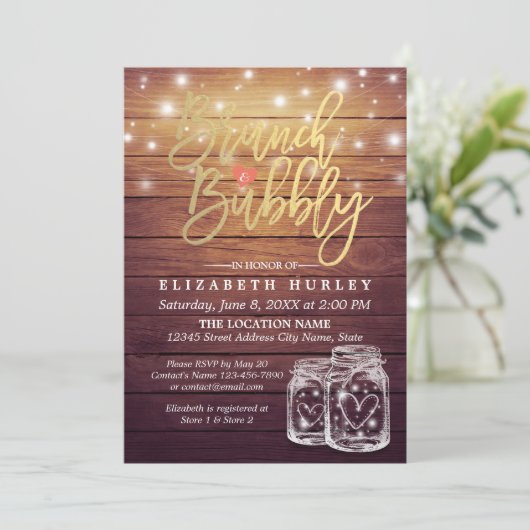 Rustikales Holz Mason Jar String Light Brunch & Bu Einladung (Stehend Vorderseite)