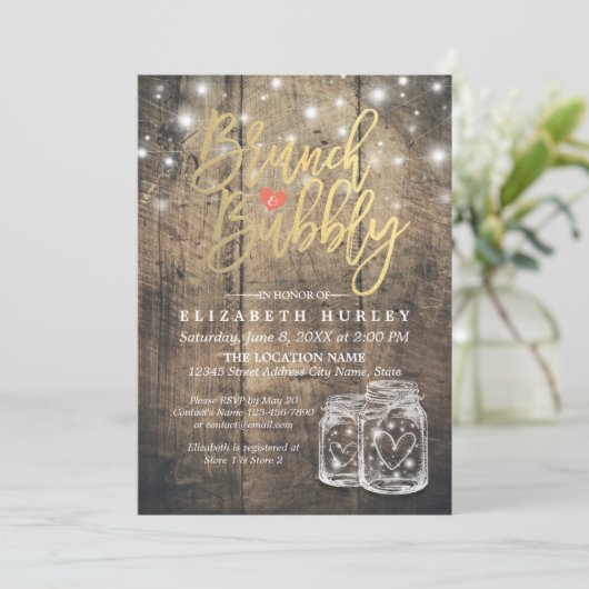Rustikales Holz Mason Jar String Light Brunch & Bu Einladung (Stehend Vorderseite)