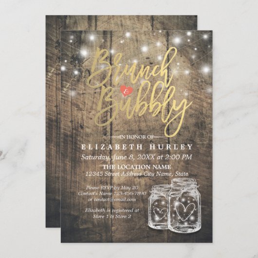 Rustikales Holz Mason Jar String Light Brunch & Bu Einladung (Vorne/Hinten)