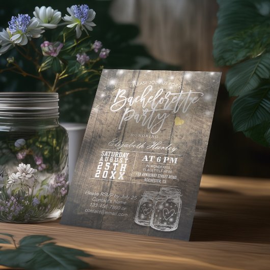 Rustikales Holz & Mason Jar String Lights Bachelor Einladung