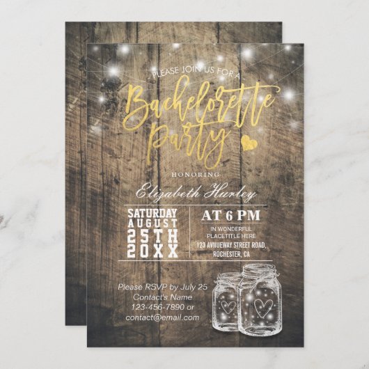 Rustikales Holz & Mason Jar String Lights Bachelor Einladung (Vorne/Hinten)