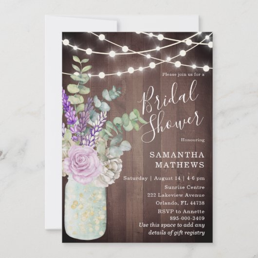 Rustikales Holz Mason Jar String Lights Brautparty Einladung (Vorderseite)