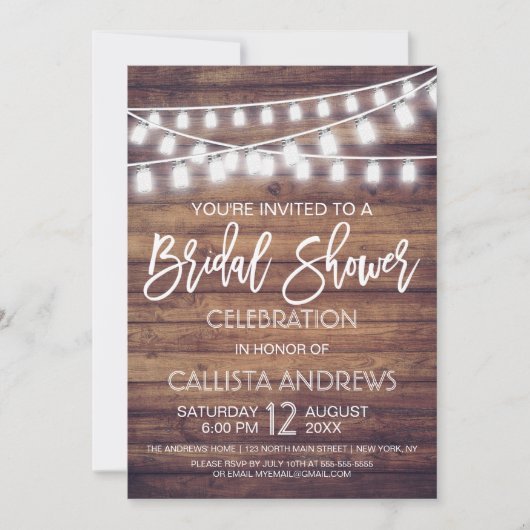 Rustikales Holz Mason Jar String Lights Brautparty Einladung (Vorderseite)