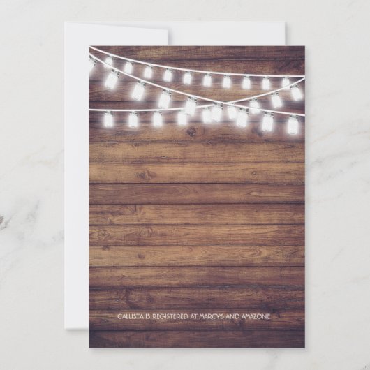 Rustikales Holz Mason Jar String Lights Brautparty Einladung (Rückseite)