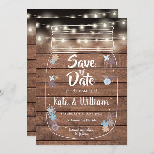 Rustikales Holz Mason Jar String Lights Floral Save The Date (Vorne/Hinten)
