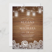Rustikales Holz Mason Jar String Lights Hochzeit Einladung (Vorderseite)
