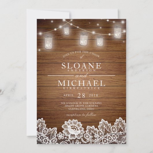 Rustikales Holz Mason Jar String Lights Hochzeit Einladung (Vorderseite)