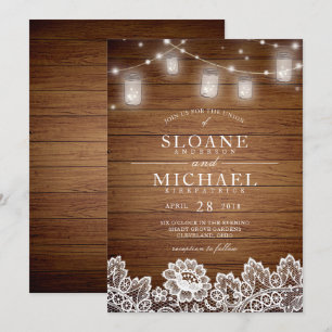 Rustikales Holz Mason Jar String Lights Hochzeit Einladung