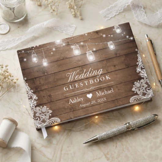 Rustikales Holz Mason Jar String Lights Hochzeit Gästebuch